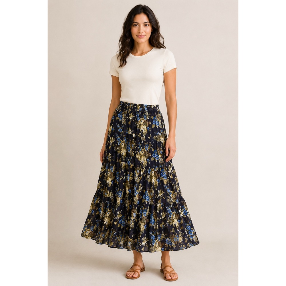 Linea by Louis Dell'Olio Floral Tiered Maxi Skirt Navy Blue XS Romantic